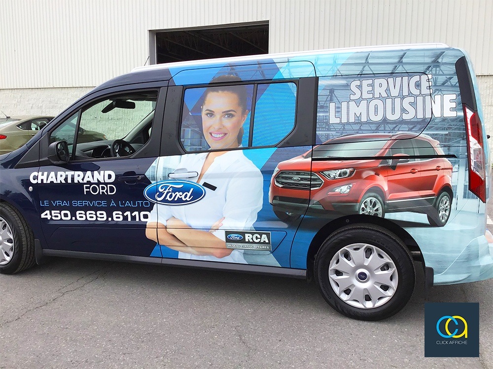 Vehicle wraps on blue 2018 Ford Transit Wagon XLT for Chartrand Ford in