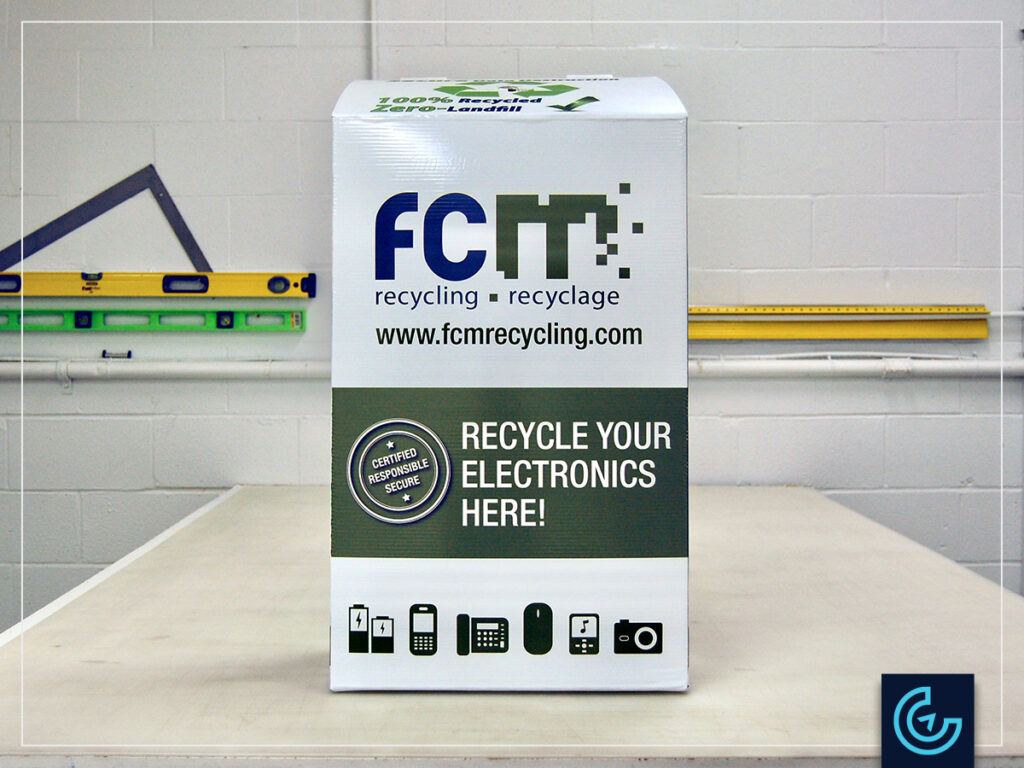 Custombuilt and wrap of a recycle bin for electronics in coroplast for